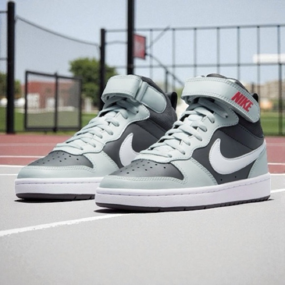 NIKE COURT BOROUGH MID 2 GS
Medium Ash/Light Silver/Siren Red/White • Size 6Y